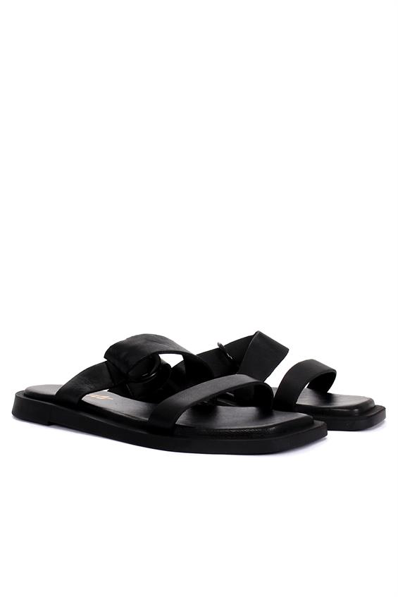 Kadın Günlük Düz Terlik-Siyah Deri