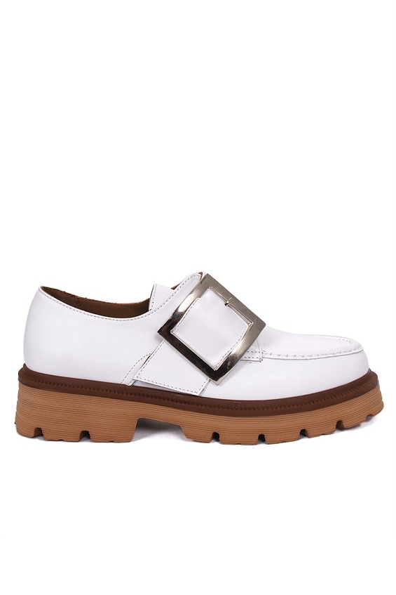 Kadın Babet Ayakkabı Loafer - Beyaz Deri