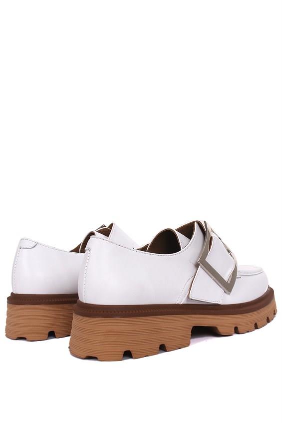 Kadın Babet Ayakkabı Loafer - Beyaz Deri