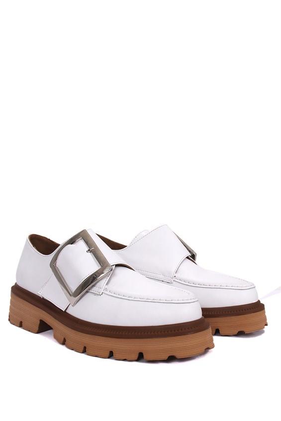 Kadın Babet Ayakkabı Loafer - Beyaz Deri