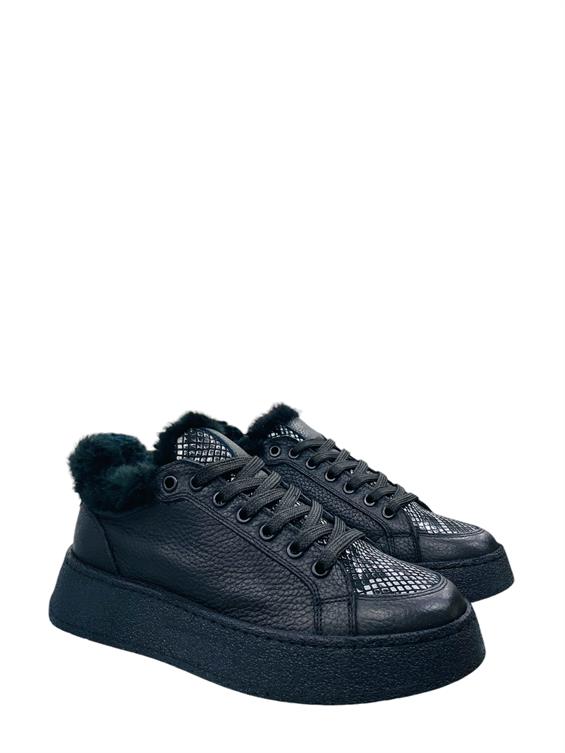 Kadın Sneakers Ayakkabı-Siyah Floter Deri