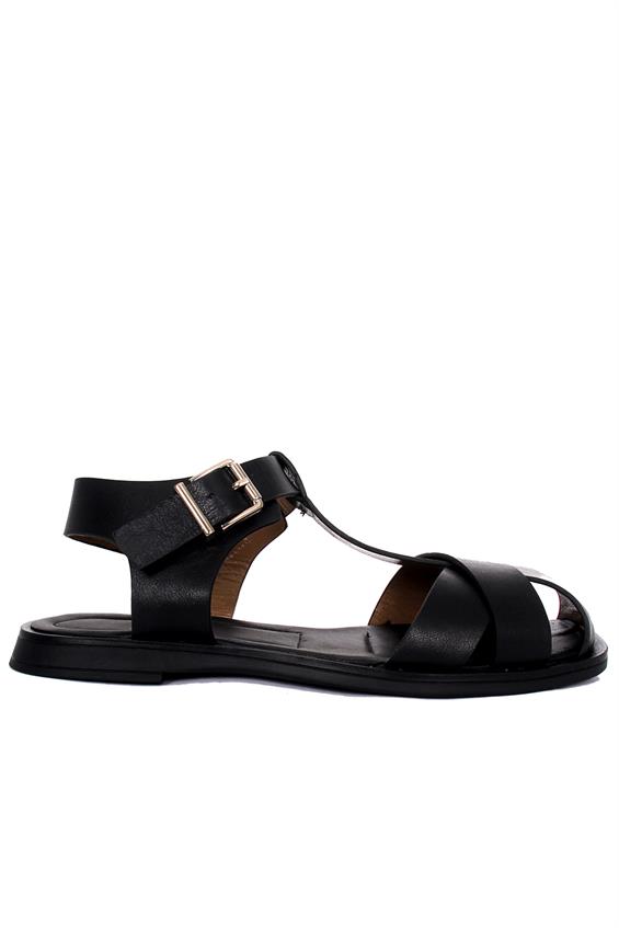 Kadın Günlük Düz Sandalet-Siyah Deri