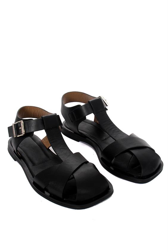 Kadın Günlük Düz Sandalet-Siyah Deri