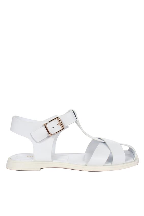 Kadın Günlük Düz Sandalet-Beyaz Deri