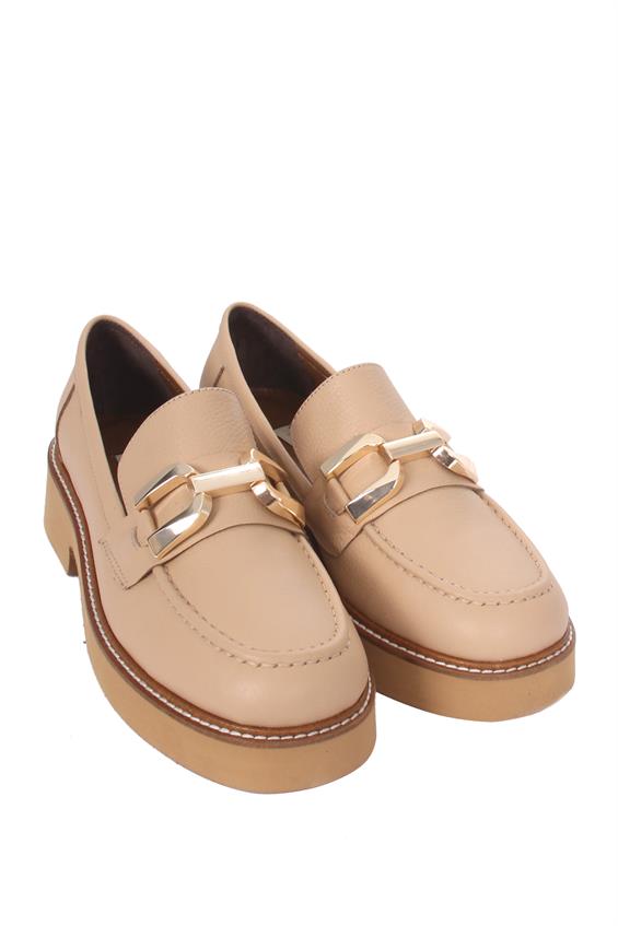 Kadın Babet Ayakkabı Loafer - Bej Deri