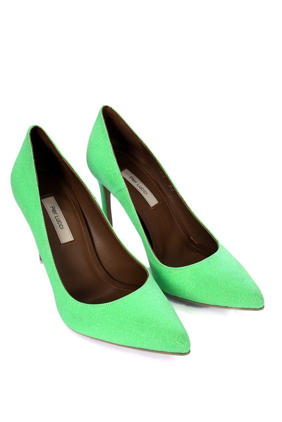 Kadın İnce Topuklu Ayakkabı - Yeşil Sim Deri