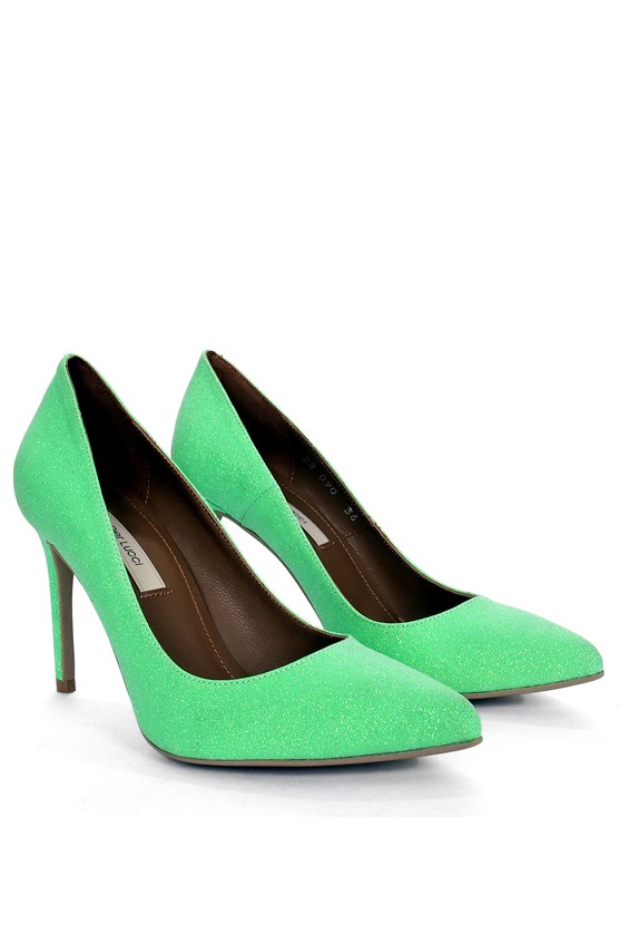 Kadın İnce Topuklu Ayakkabı - Yeşil Sim Deri