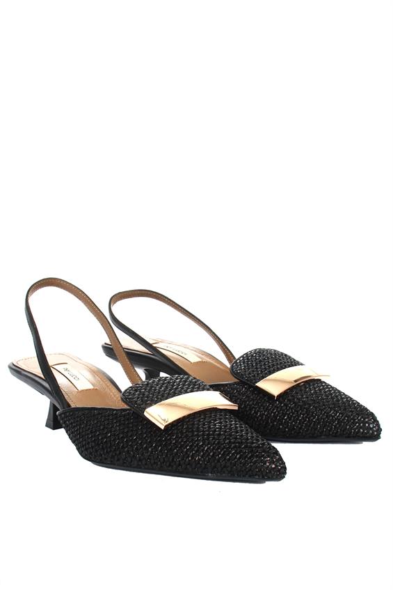 Kadın İnce Topuklu Ayakkabı-Siyah Hasır