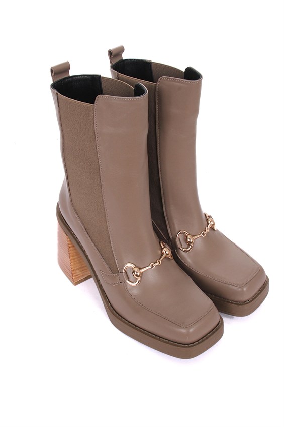 Kadın Topuklu Bot - Vizon Deri