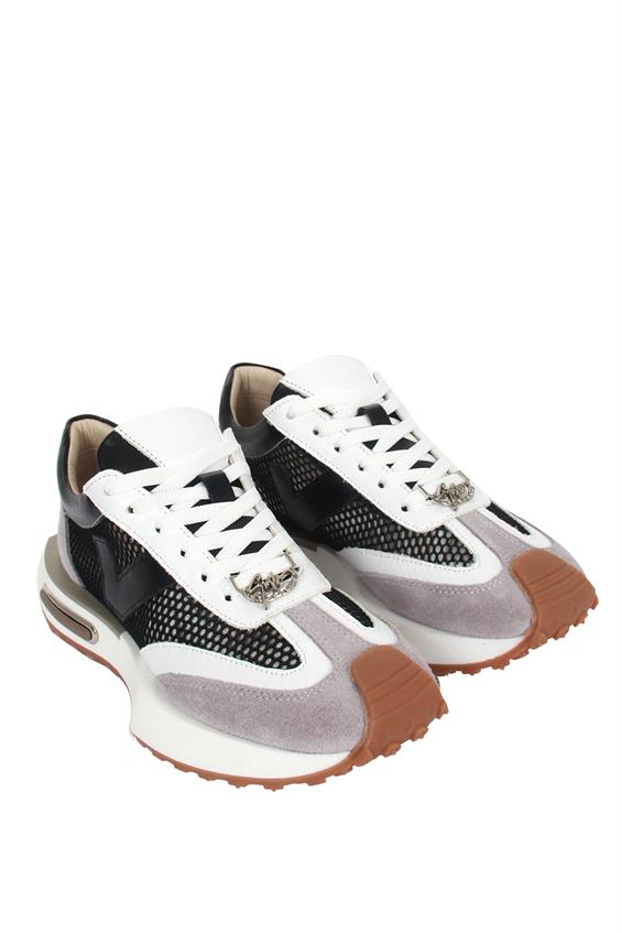 Kadın Spor Ayakkabı-Gri Süet-Beyaz Deri-Siyah File