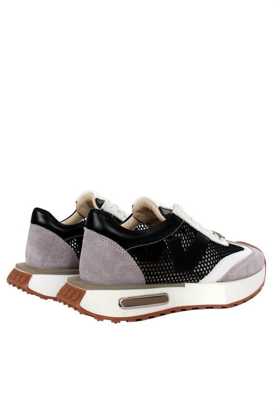 Kadın Spor Ayakkabı-Gri Süet-Beyaz Deri-Siyah File