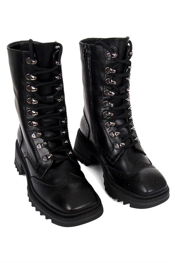 Kadın Postal Military Bot - Siyah Deri