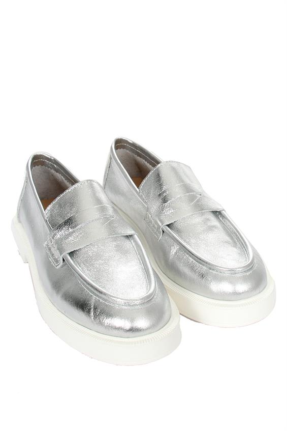 Kadın Babet Ayakkabı Loafer - Gümüş Deri