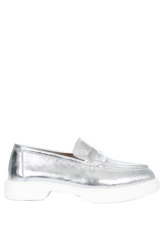 Kadın Babet Ayakkabı Loafer - Gümüş Deri