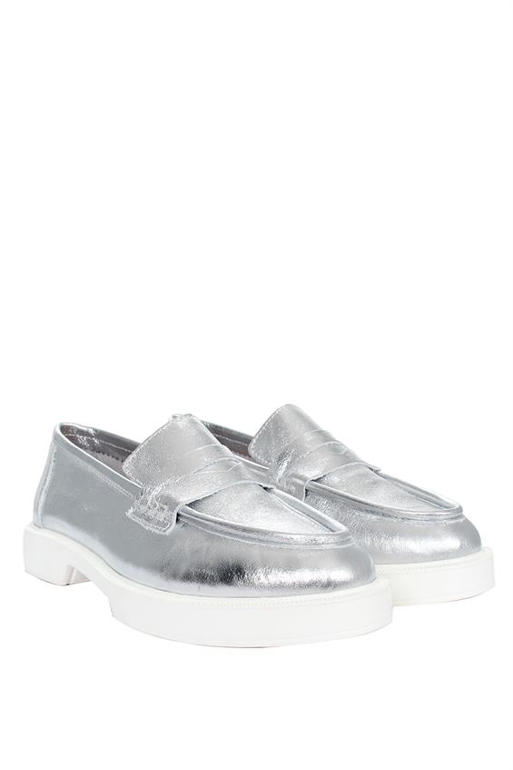 Kadın Babet Ayakkabı Loafer - Gümüş Deri