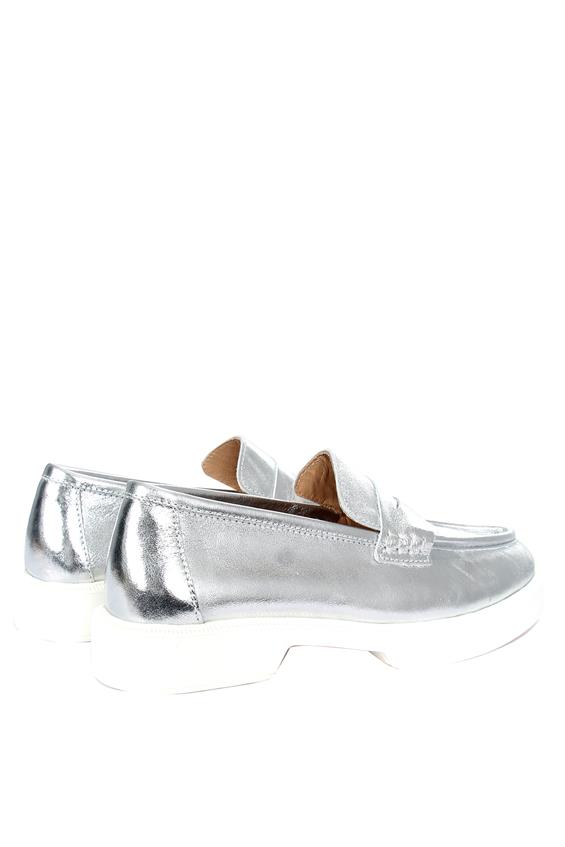 Kadın Babet Ayakkabı Loafer - Gümüş Deri