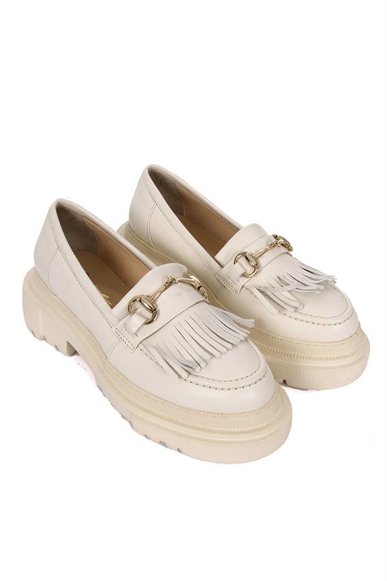 Kadın Tokalı Loafer Babet Ayakkabı - Krem Deri