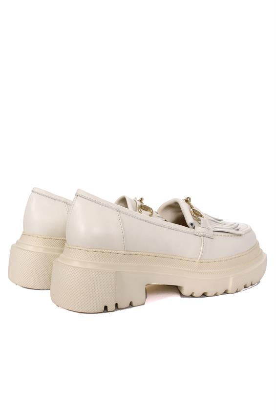 Kadın Tokalı Loafer Babet Ayakkabı - Krem Deri
