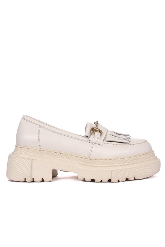Kadın Tokalı Loafer Babet Ayakkabı - Krem Deri