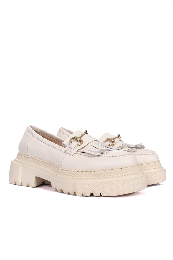 Kadın Tokalı Loafer Babet Ayakkabı - Krem Deri