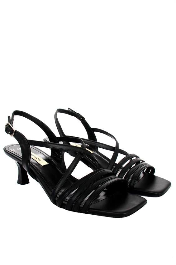 Kadın İnce Topuklu Sandalet - Siyah Deri