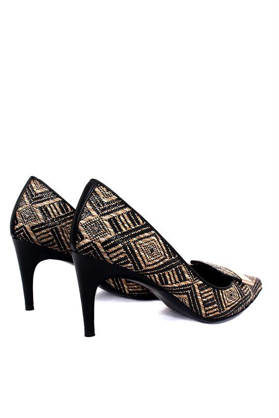 Kadın İnce Topuklu Ayakkabı-Siyah Bej Hasır