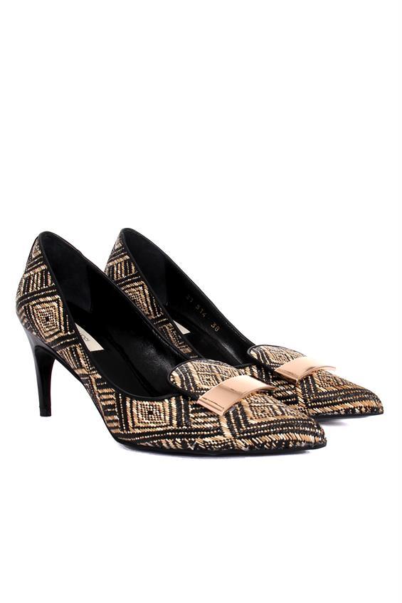 Kadın İnce Topuklu Ayakkabı-Siyah Bej Hasır