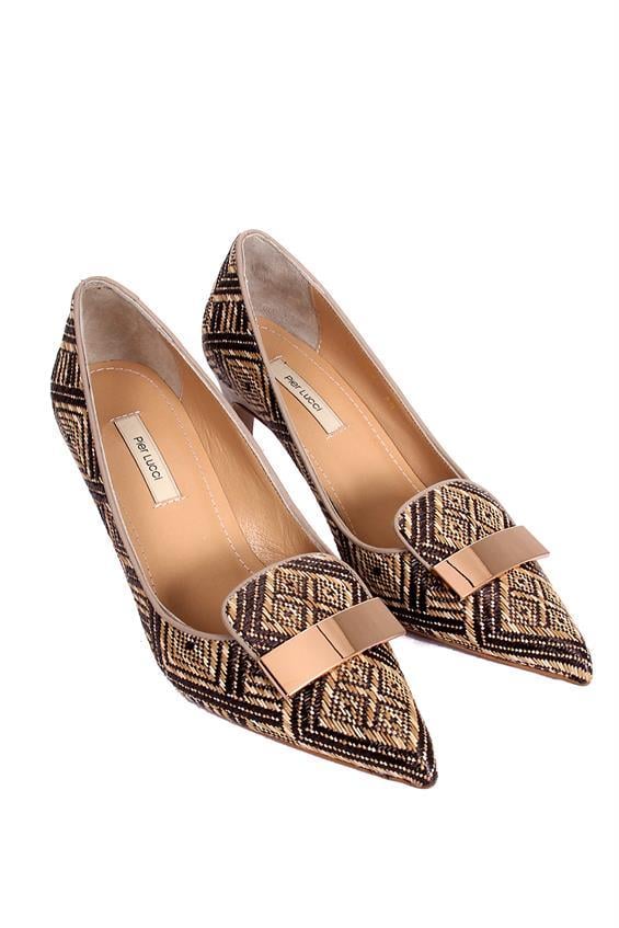 Kadın İnce Topuklu Ayakkabı -Bej Siyah Hasır