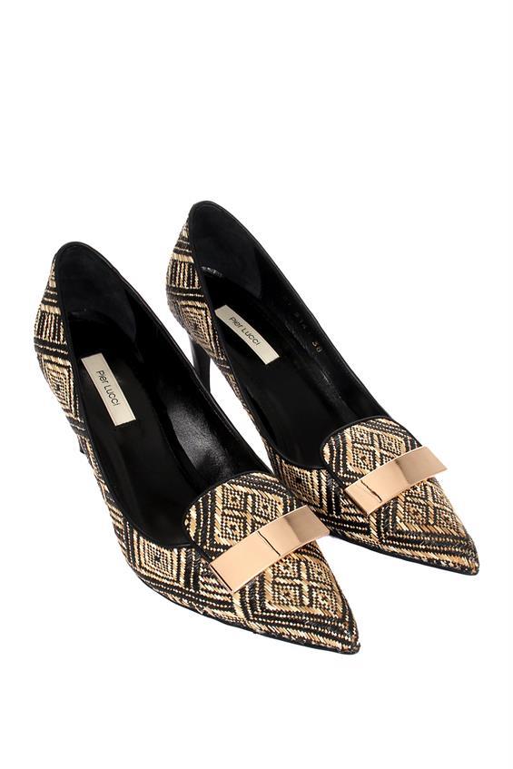 Kadın İnce Topuklu Ayakkabı-Siyah Bej Hasır