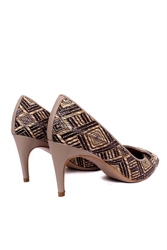 Kadın İnce Topuklu Ayakkabı -Bej Siyah Hasır