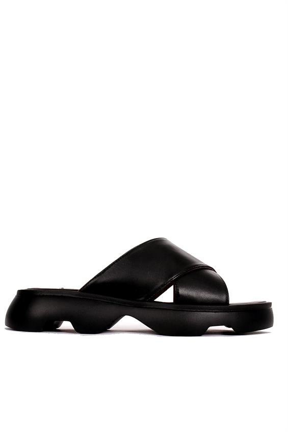 Kadın Günlük Düz Terlik-Siyah Deri