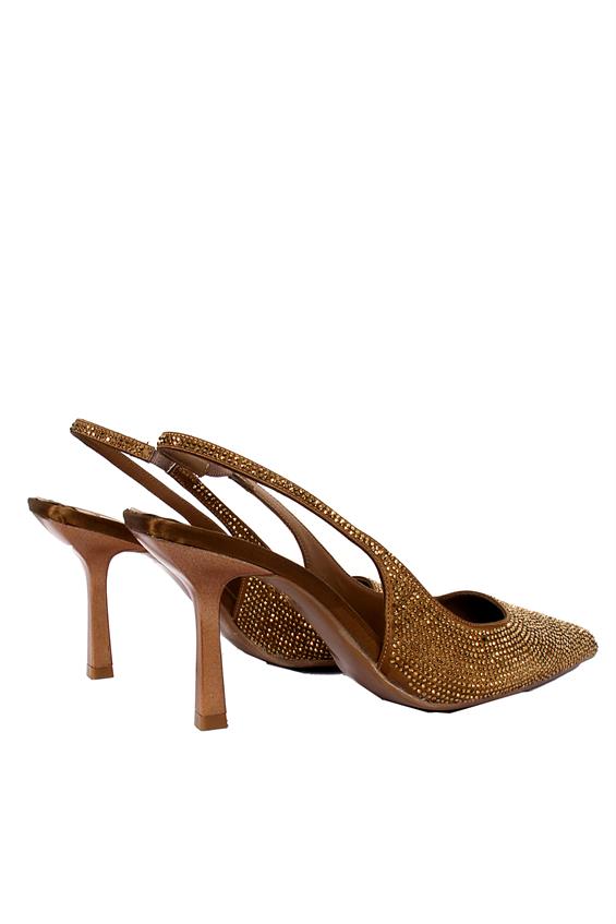 Kadın Gece Ayakkabı Topuklu-Altın Saten Taşlı