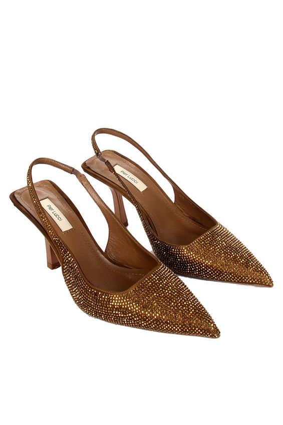 Kadın Gece Ayakkabı Topuklu-Altın Saten Taşlı