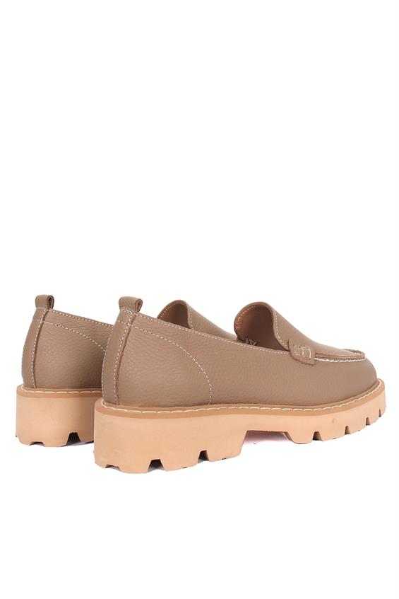 Kadın Babet Ayakkabı Loafer - Koyu Bej Floter Deri