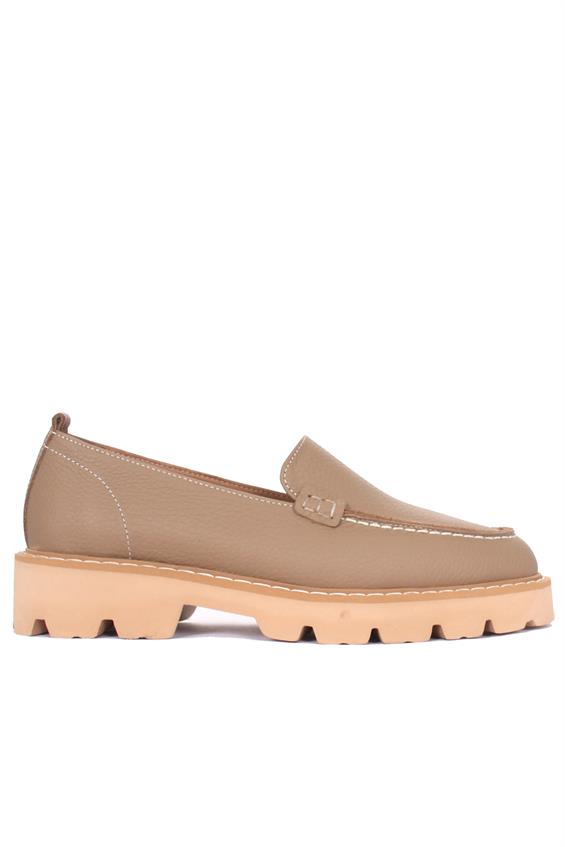 Kadın Babet Ayakkabı Loafer - Koyu Bej Floter Deri