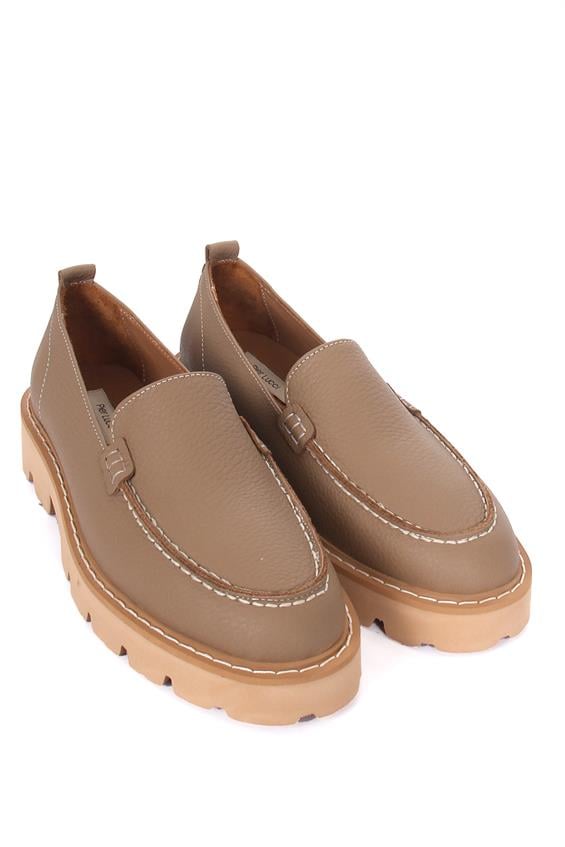 Kadın Babet Ayakkabı Loafer - Koyu Bej Floter Deri