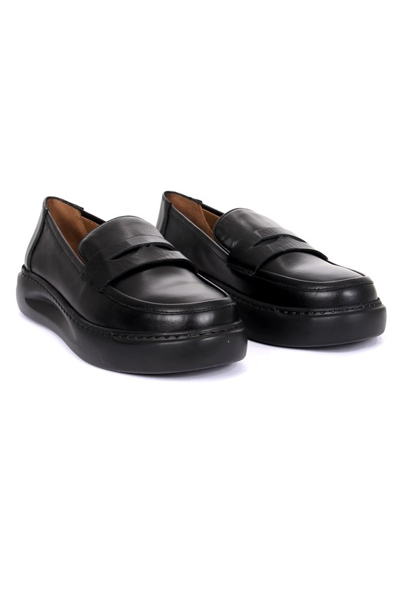 Kadın Babet Ayakkabı Loafer - Siyah Deri