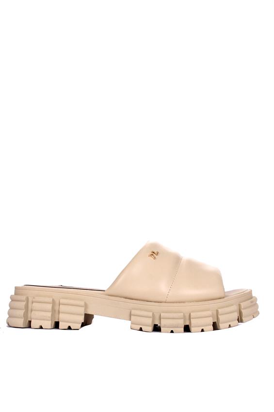 Kadın Günlük Düz Terlik-Bej Deri