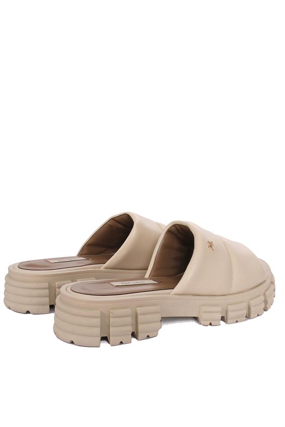 Kadın Günlük Düz Terlik-Bej Deri