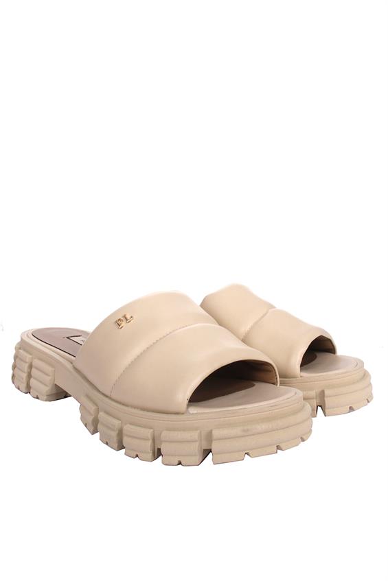 Kadın Günlük Düz Terlik-Bej Deri