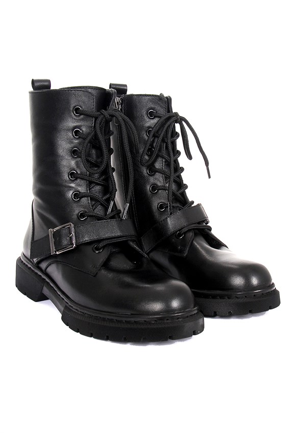 Kadın Postal Military Bot - Siyah Deri