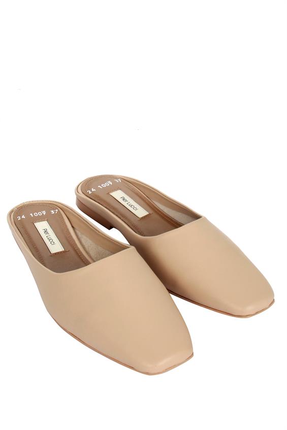Kadın Günlük Düz Terlik-Bej Deri