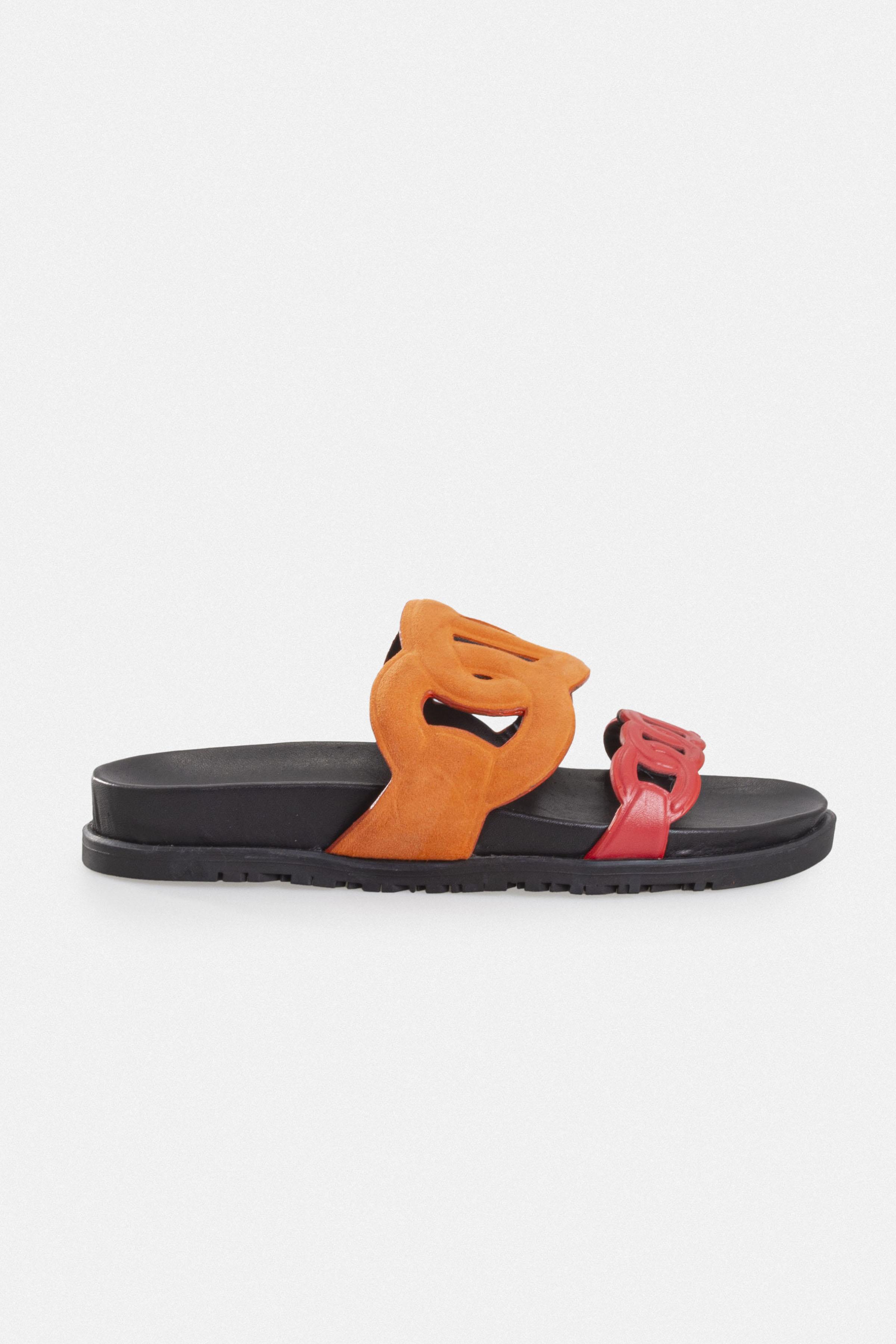 Kadın Günlük Düz Terlik - Kırmızı Deri-turuncu Süet