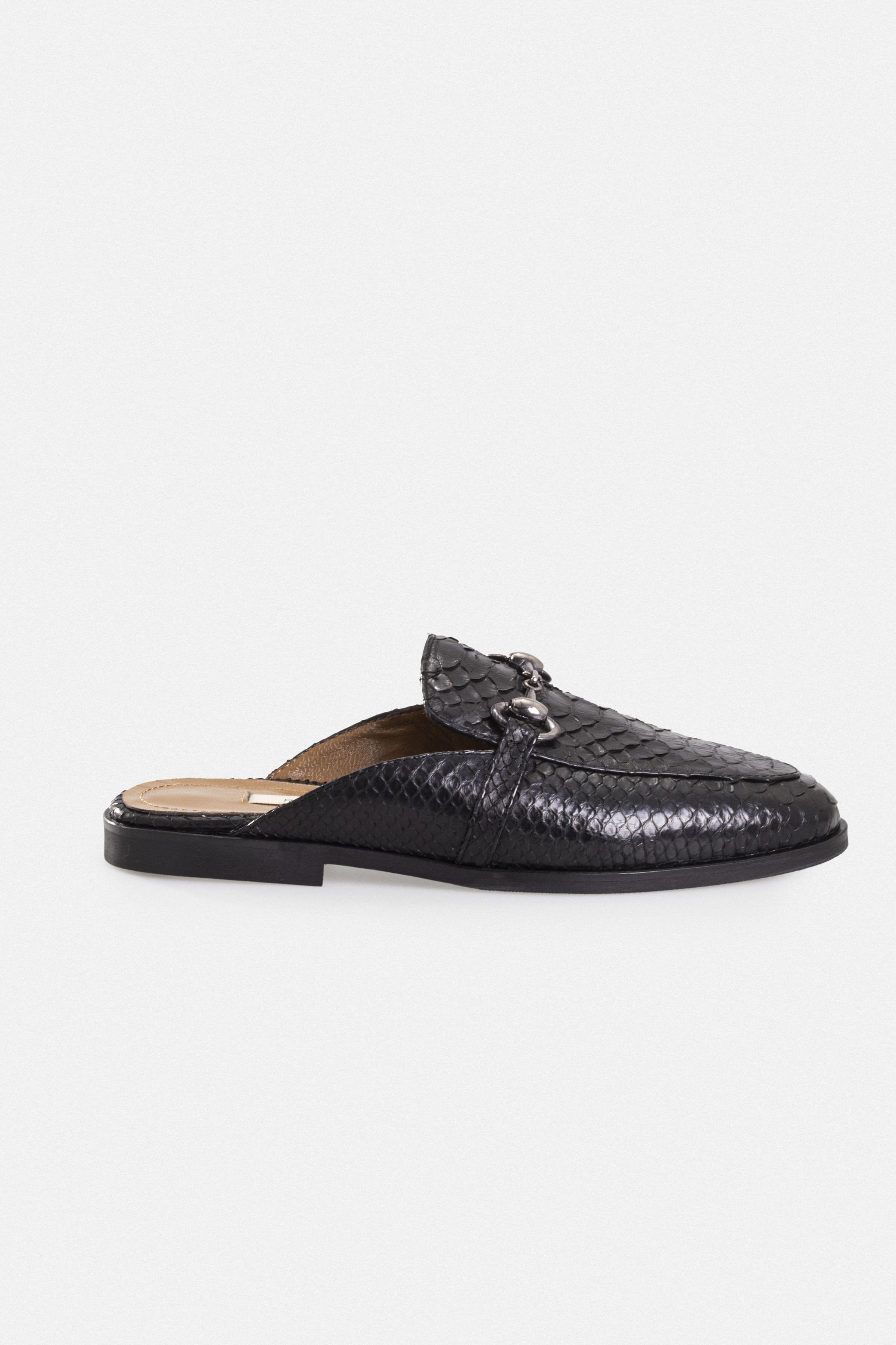 Kadın Günlük Düz Terlik - Siyah Yılan Derisi