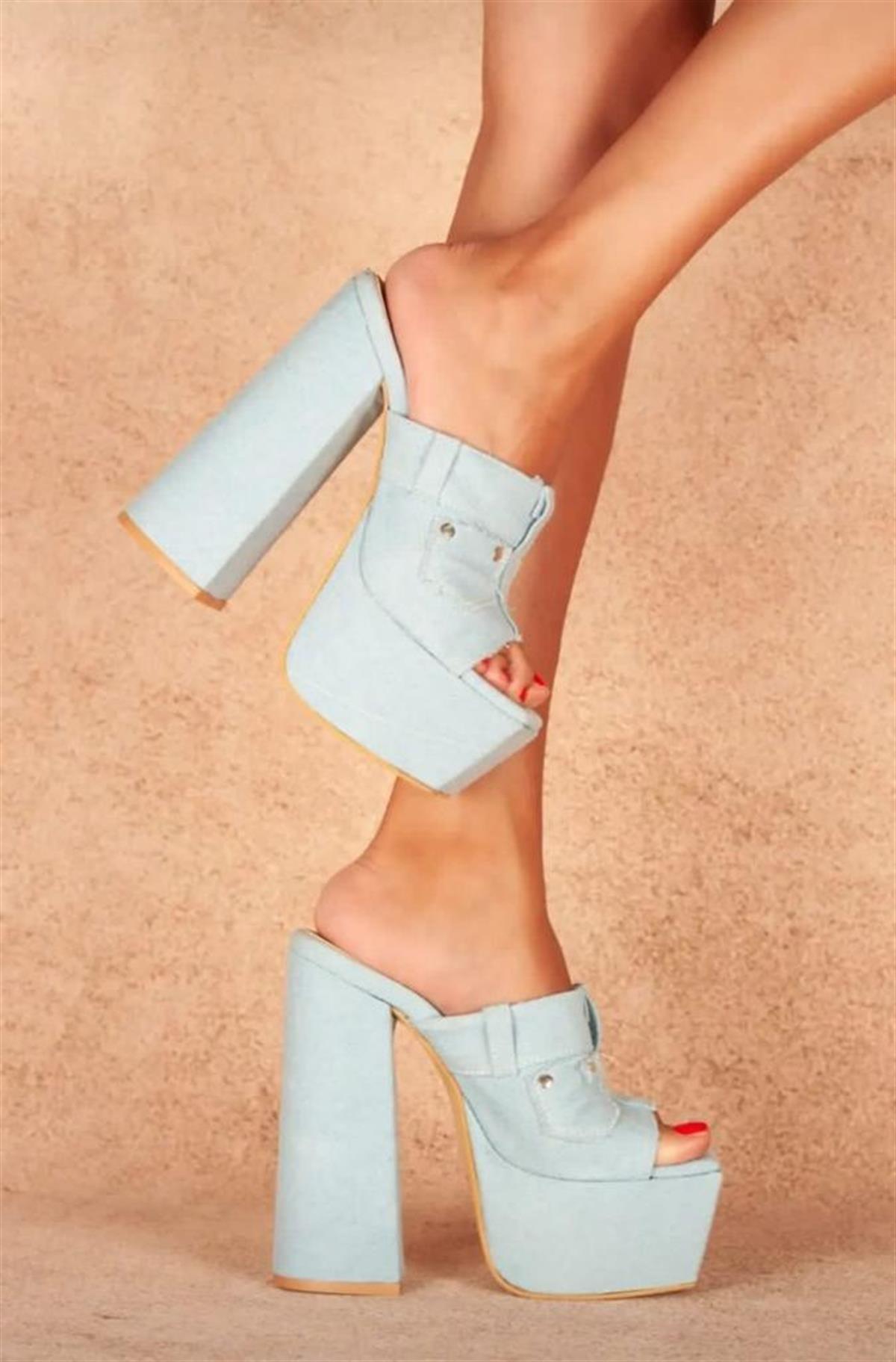 Tati Buz Mavisi Kot Kadın Platform  Topuklu Terlik