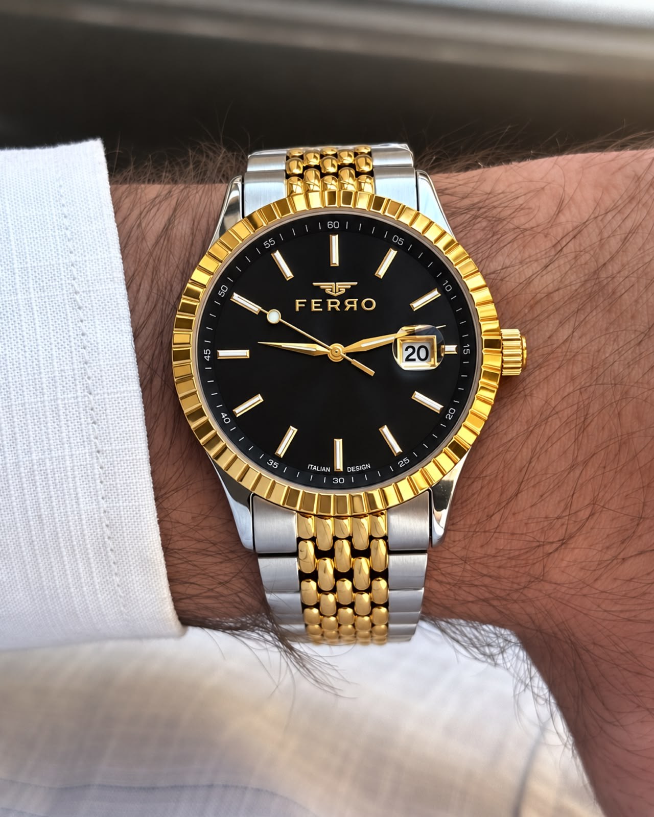 Ferro Italian Design Erkek Saati Tırtıklı Bezel Gold Gümüş Kol Saati