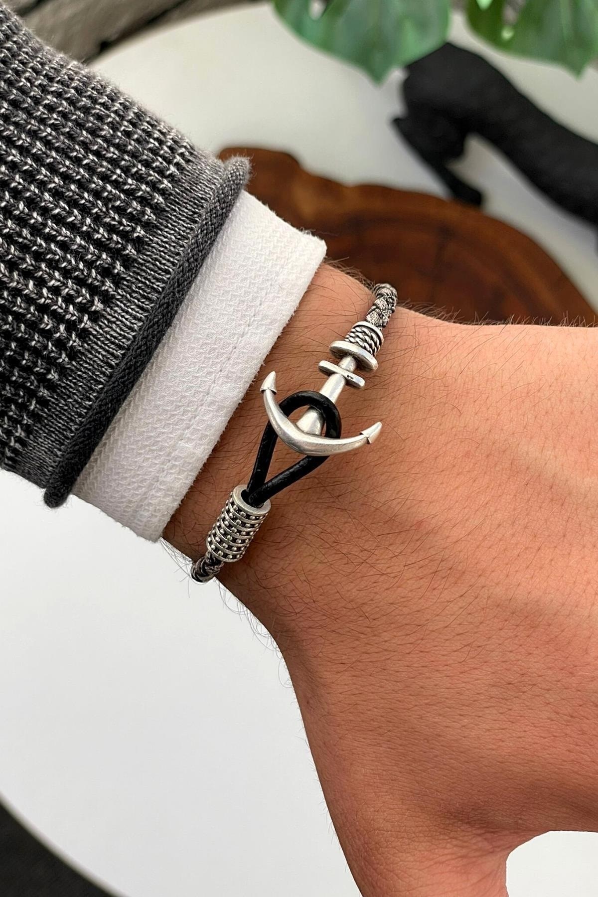 Çapa Figürlü Hakiki Deri Handmade Erkek Bileklik