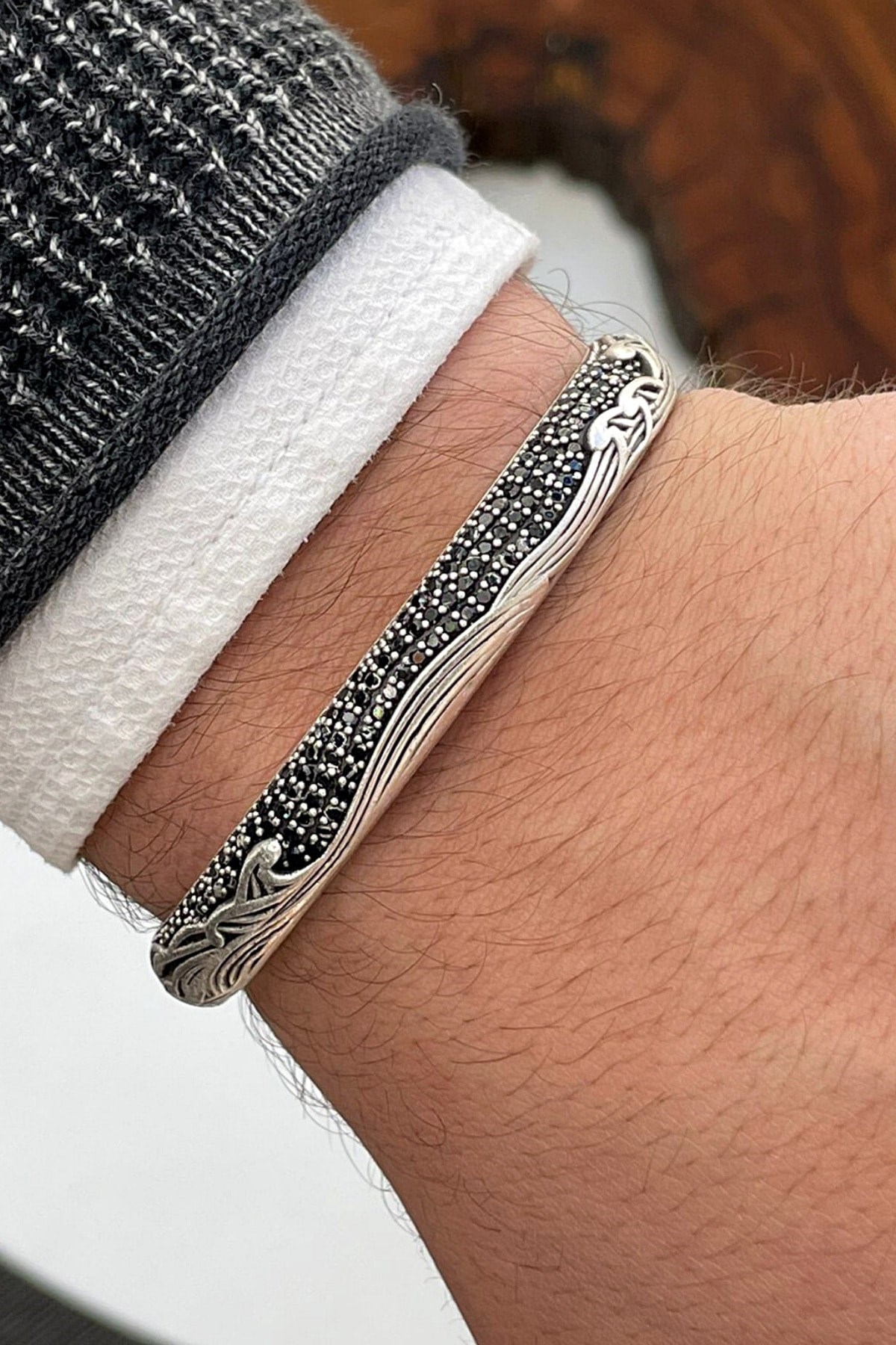 Dalga Desen Antik Gümüş Renkli Zirkon Taşlı Handmade Kelepçe Erkek Bileklik