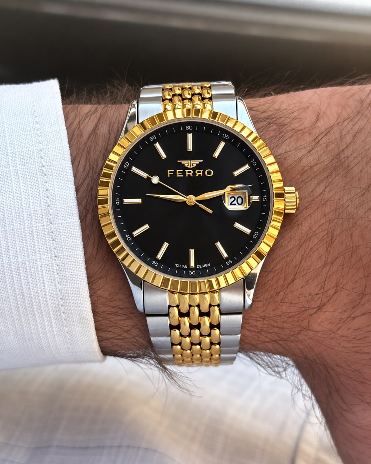 Ferro Italian Design Erkek Saati Tırtıklı Bezel Gold Gümüş Kol Saati