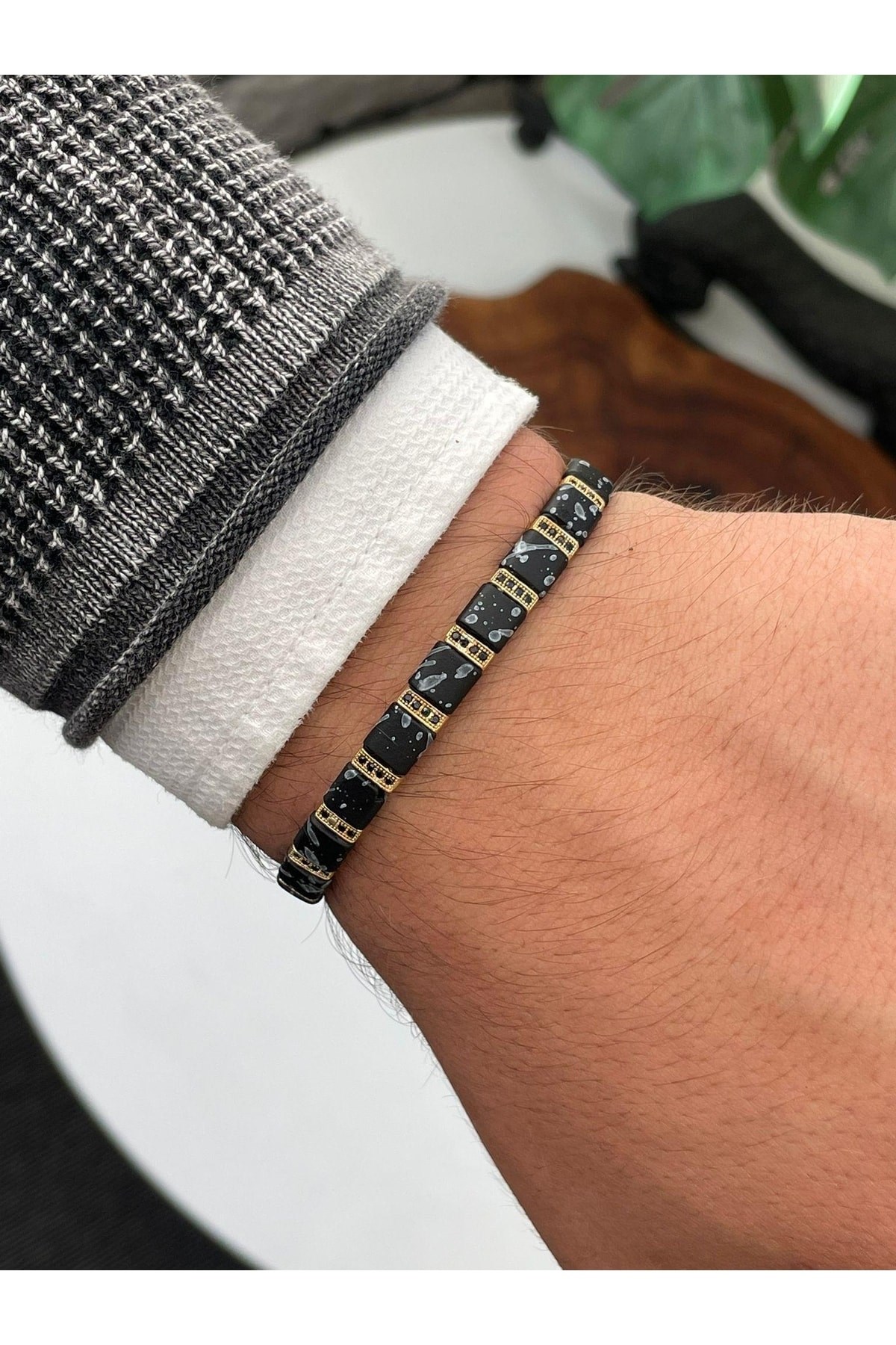 Özel Tasarım Zirkon Hematit Taşlı Ayarlanabilir Unisex Bileklik